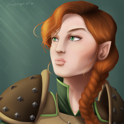 Portrait of Thia Liadon, a half-elven ranger from the town of Crying Leaf.