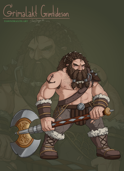 Profile of Grimalakt Grimtideson, a dwarf barbarian from Varisia.