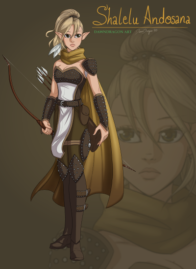 Profile of Shalelu Andosana, an elven ranger from the town of Crying Leaf.