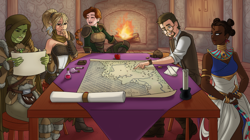 Rui, Shalelu, Thia, Gwyn and Ntombi are sat around a table, examining a map of the Sandpoint hinterlands.