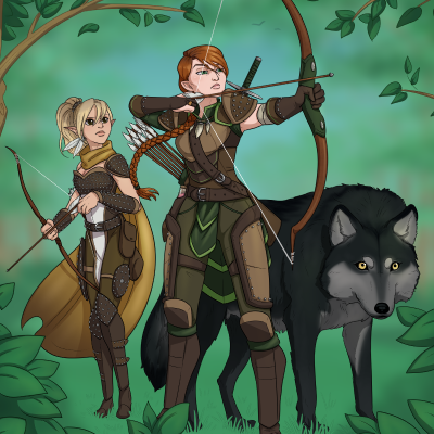 Thia, Shalelu, and Nyx in the forest.