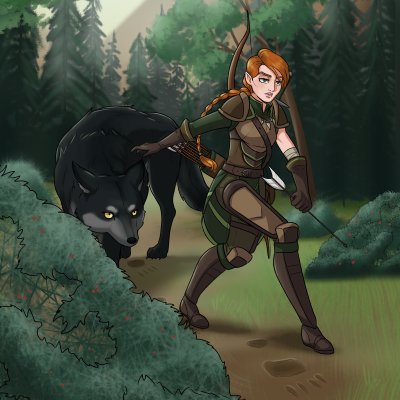 Thia and Nyx tracking a creature in the forest.