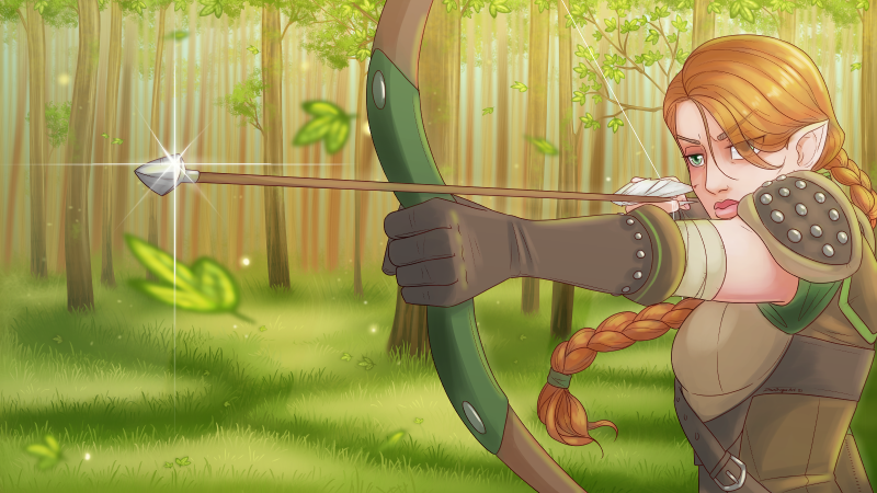 Thia in the forest, taking aim with her bow.