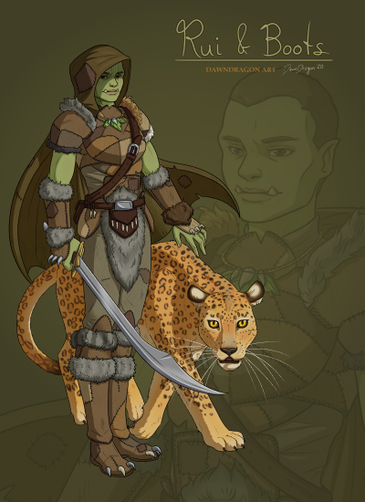 Profile of Rui, a half-orc druid from Varisia, together with her leopard companion, Boots.