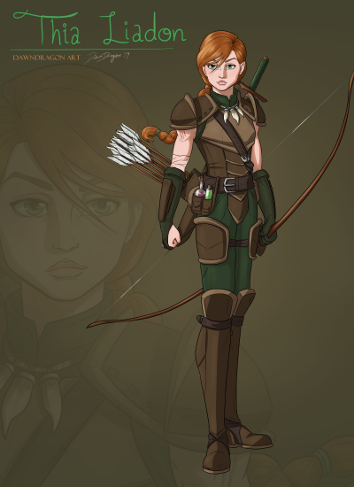 Profile of Thia Liadon, a half-elven ranger from the town of Crying Leaf.