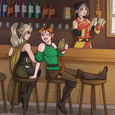 Thia and Shalelu enjoying a drink at Ameiko's inn, the Rusty Dragon